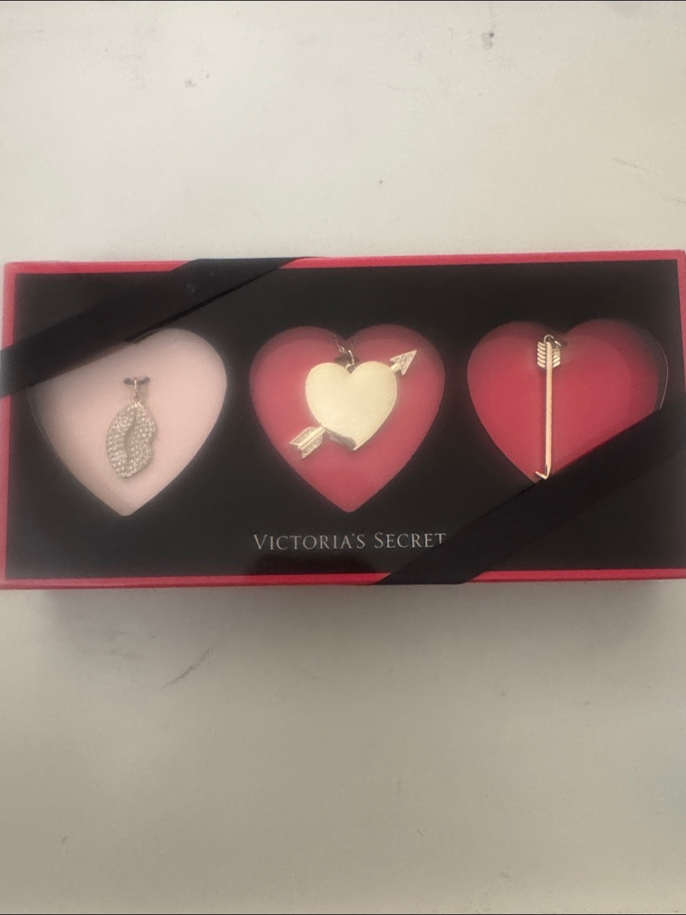 Victoria's Secret Red & Pink Heart Charm Trio Necklace Set